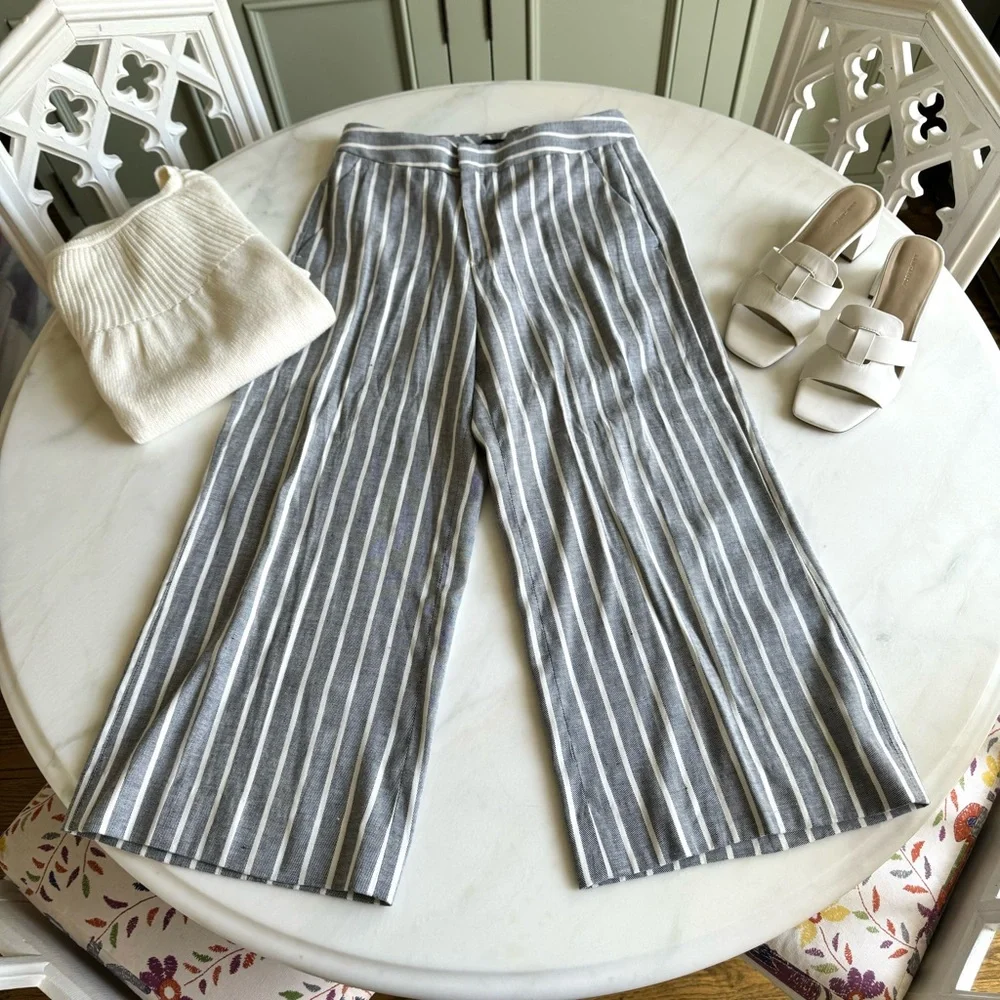 Banana Republic High Rise Wide Leg Linen Cotton Pant Striped Sz 2S